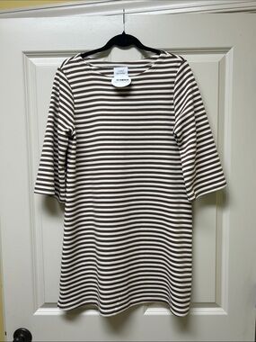 Brown and White Striped Long-Sleeve Boatneck Dress Size Small
